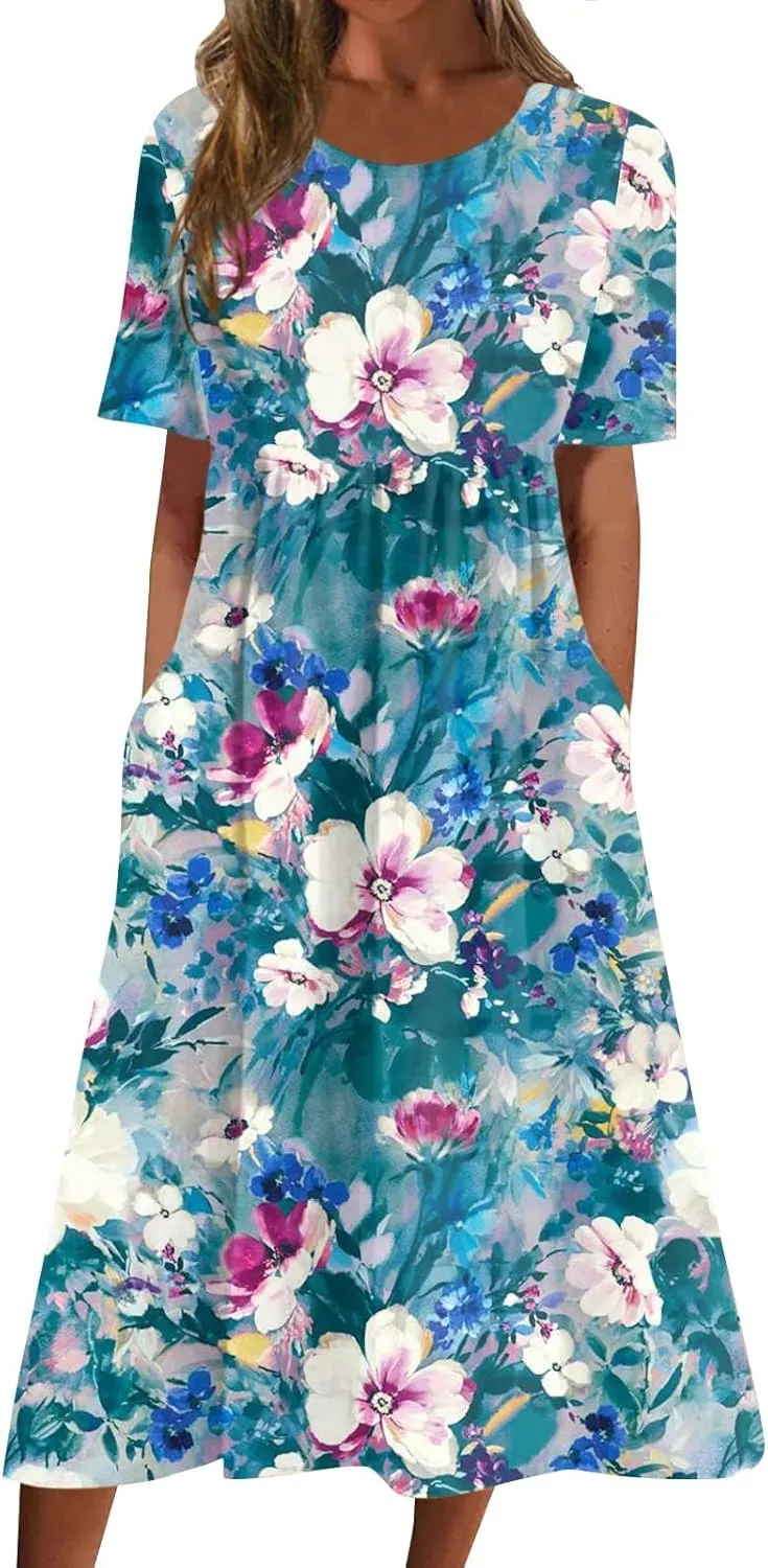 SGASY Women Short Sleeve Dress 2024 Spring Summer Loose Floral Casual Summer Flowy Tiered Long Maxi Dresses with Pockets