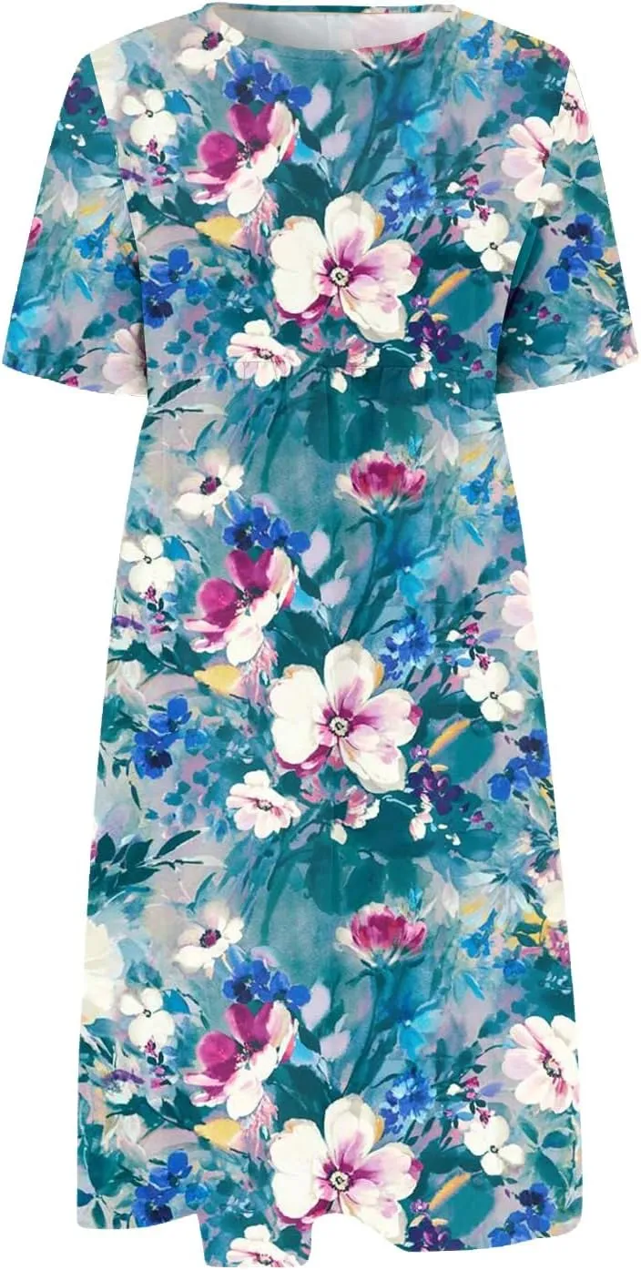 SGASY Women Short Sleeve Dress 2024 Spring Summer Loose Floral Casual Summer Flowy Tiered Long Maxi Dresses with Pockets