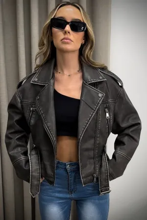 Simina Black Washed Faux Leather PU Zip Up Belted Biker Jacket