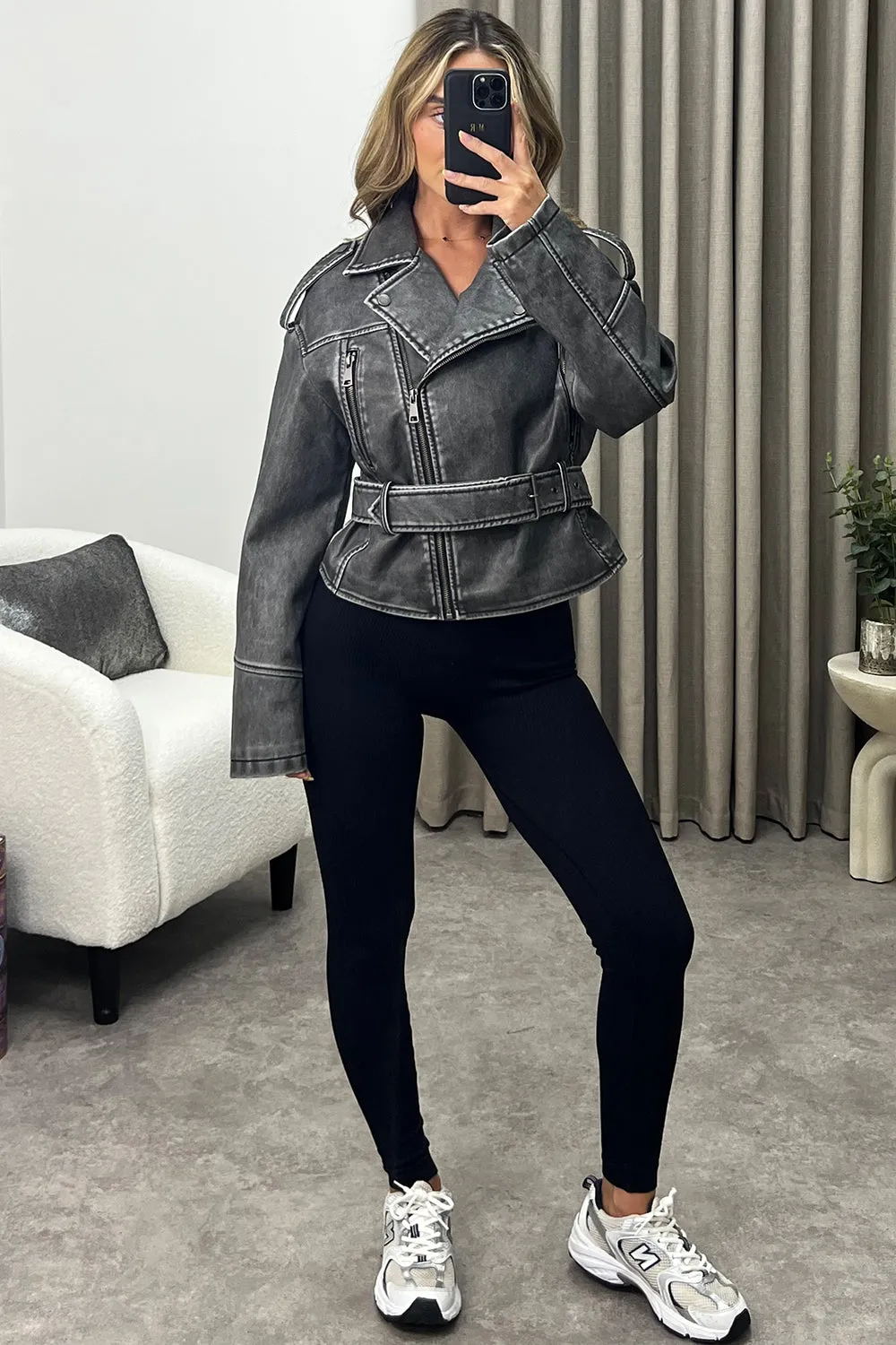Simina Black Washed Faux Leather PU Zip Up Belted Biker Jacket