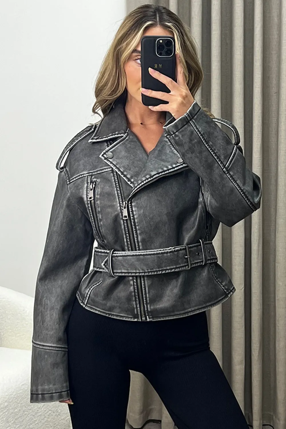 Simina Black Washed Faux Leather PU Zip Up Belted Biker Jacket