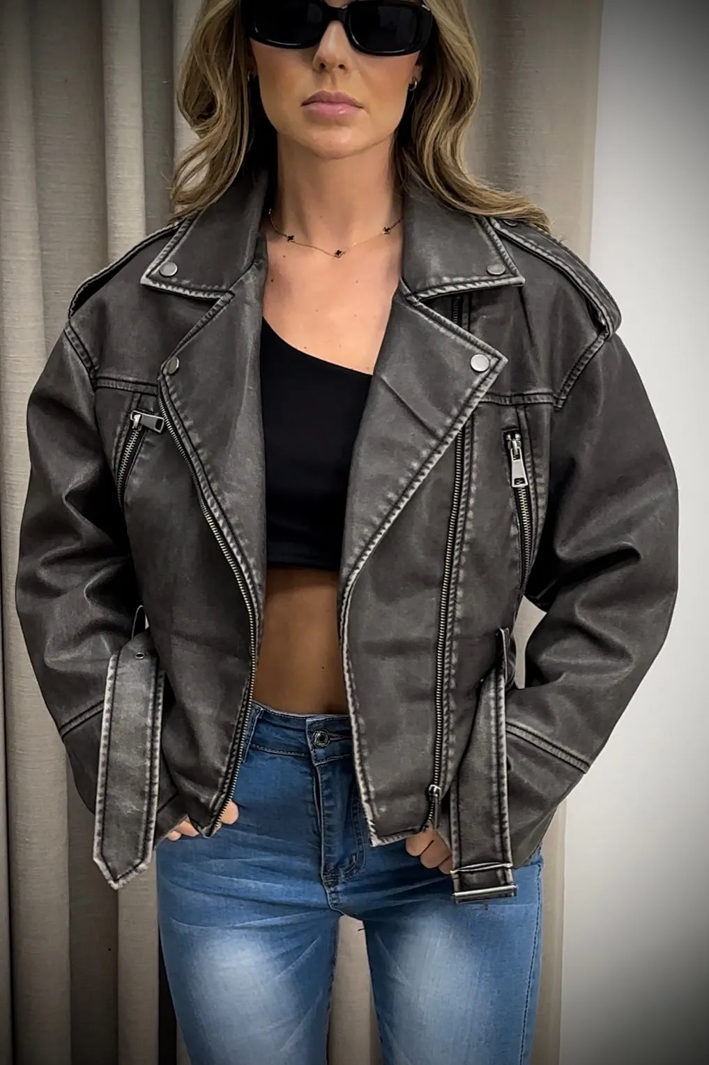Simina Black Washed Faux Leather PU Zip Up Belted Biker Jacket