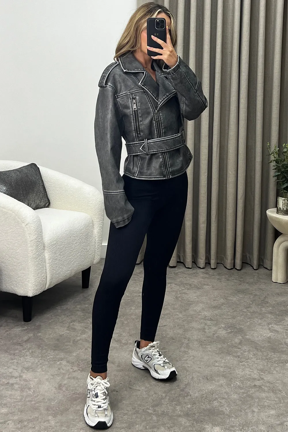 Simina Black Washed Faux Leather PU Zip Up Belted Biker Jacket