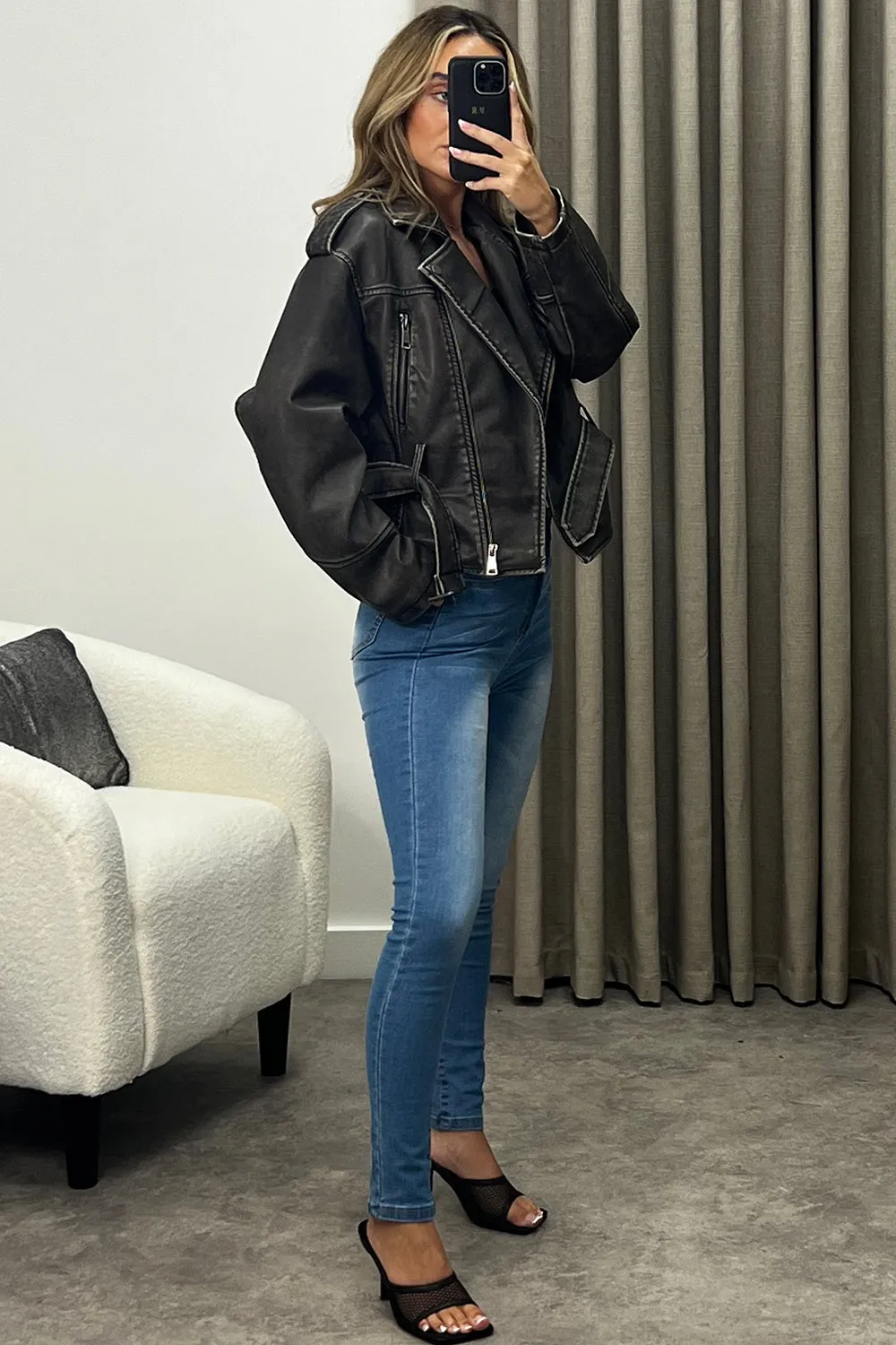Simina Black Washed Faux Leather PU Zip Up Belted Biker Jacket