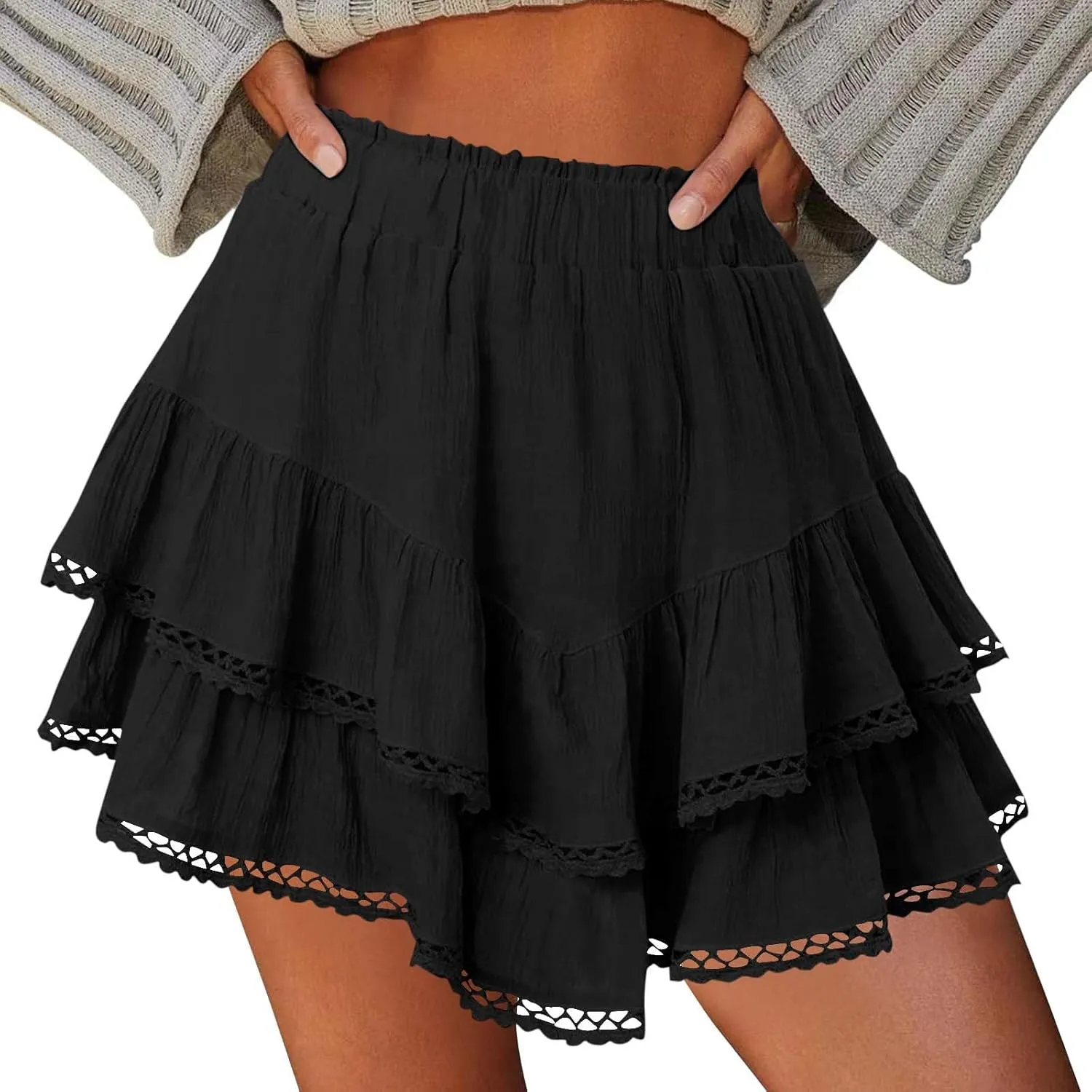 Skorts for Women Dressy Casual Ruffle Tiered Athletic Shorts Elastic High Waist Mini Skirts Cute Boho Beach Outfits