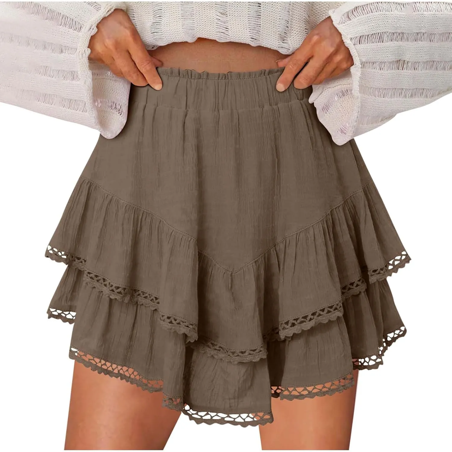 Skorts for Women Dressy Casual Ruffle Tiered Athletic Shorts Elastic High Waist Mini Skirts Cute Boho Beach Outfits