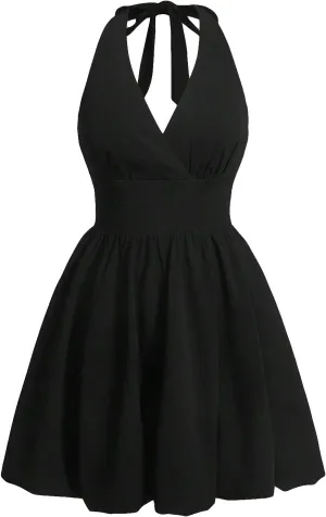 SOLY HUX Women's Halter Deep V Neck Sleeveless Flowy Mini Dress Tie Backless A Line Party Dresses