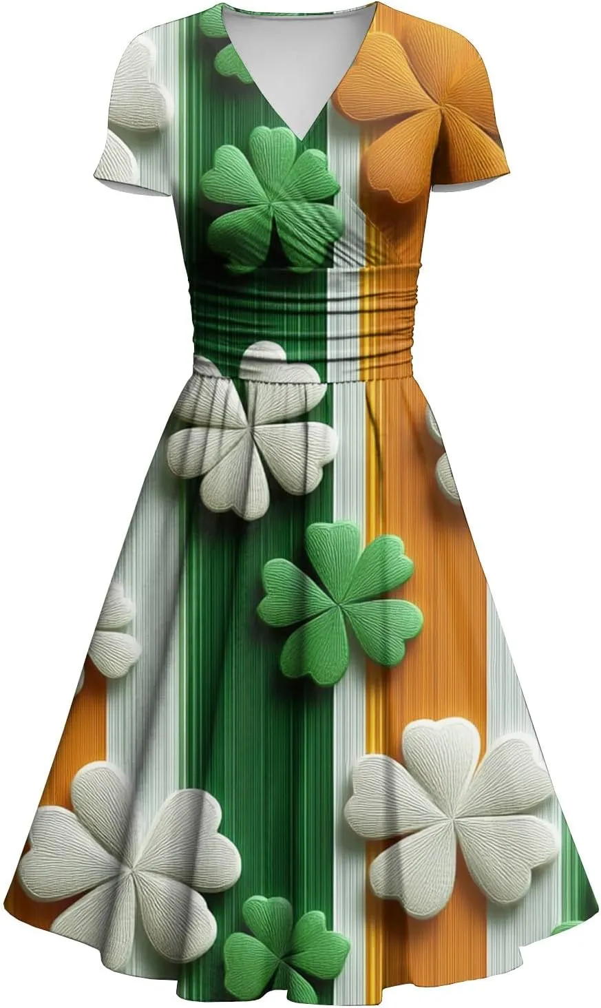 St Patricks Day Dress Women Elegant Short Sleeve Princess V Neck Pulled Ruffle Shamrock Print Waist Drawstring Dresses