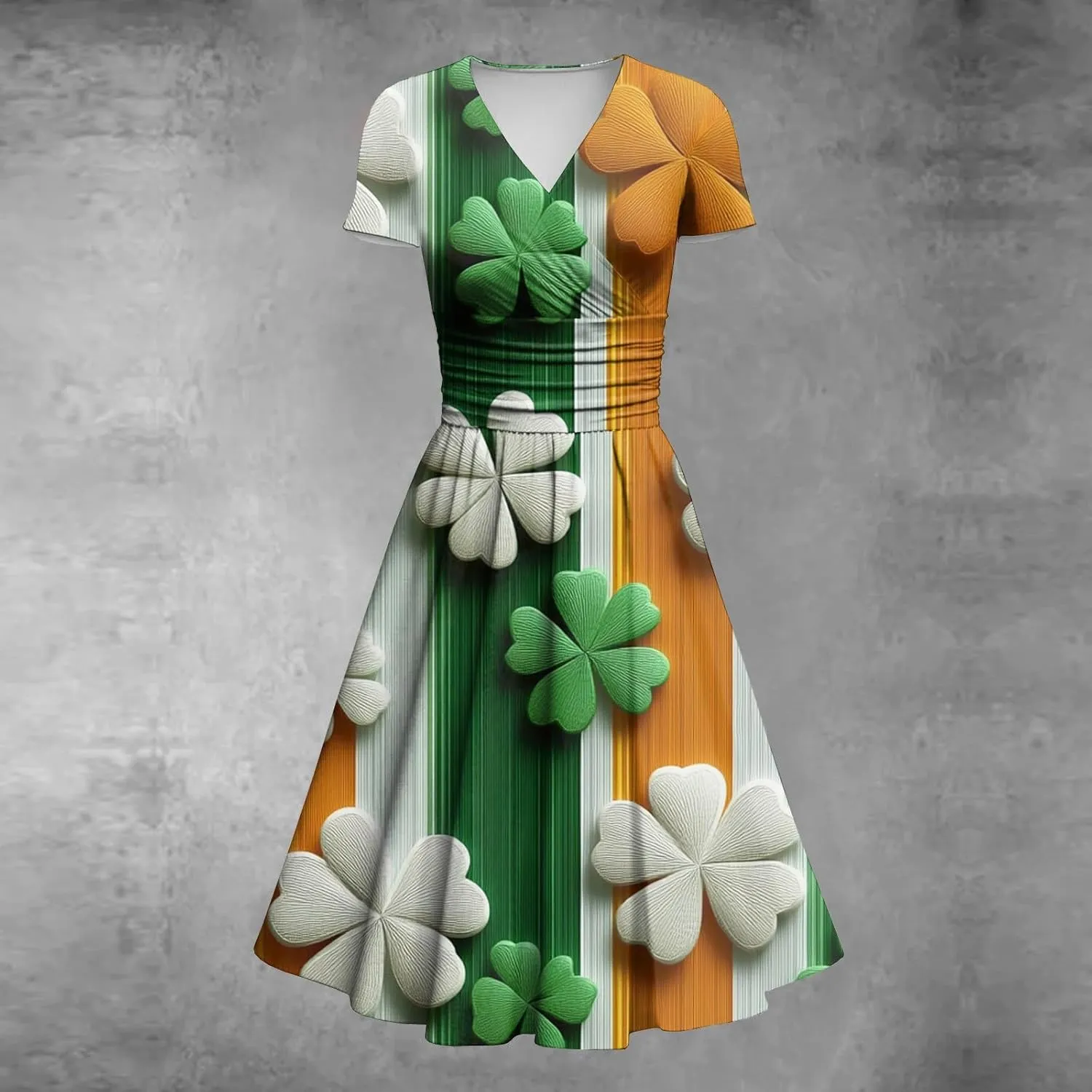 St Patricks Day Dress Women Elegant Short Sleeve Princess V Neck Pulled Ruffle Shamrock Print Waist Drawstring Dresses