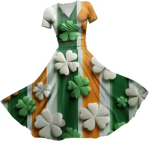 St Patricks Day Dress Women Elegant Short Sleeve Princess V Neck Pulled Ruffle Shamrock Print Waist Drawstring Dresses