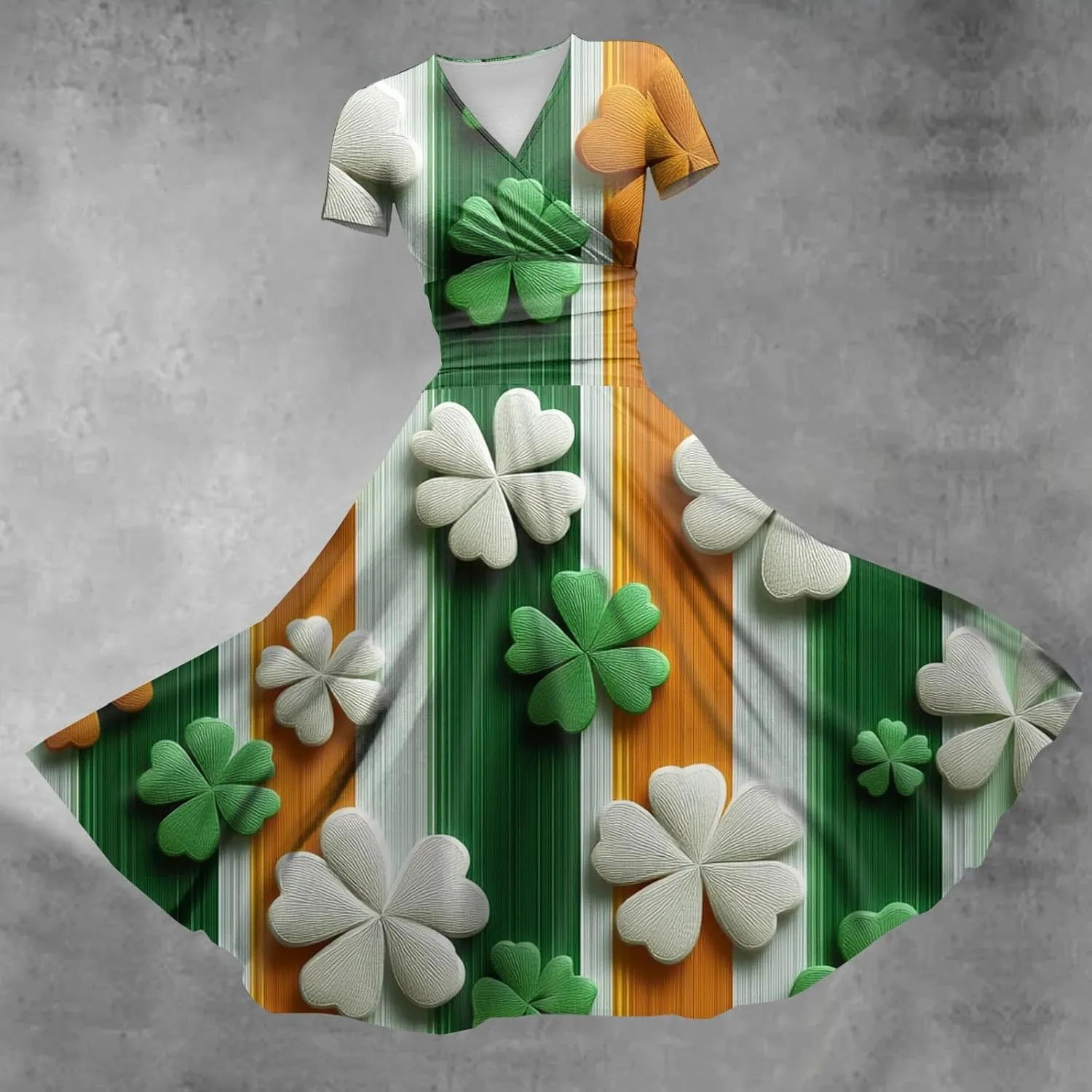 St Patricks Day Dress Women Elegant Short Sleeve Princess V Neck Pulled Ruffle Shamrock Print Waist Drawstring Dresses