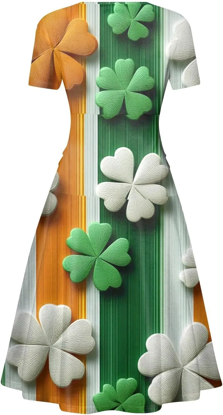 St Patricks Day Dress Women Elegant Short Sleeve Princess V Neck Pulled Ruffle Shamrock Print Waist Drawstring Dresses
