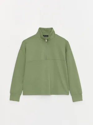 Stand Collar Plain Long Sleeve Women Sweatshirt