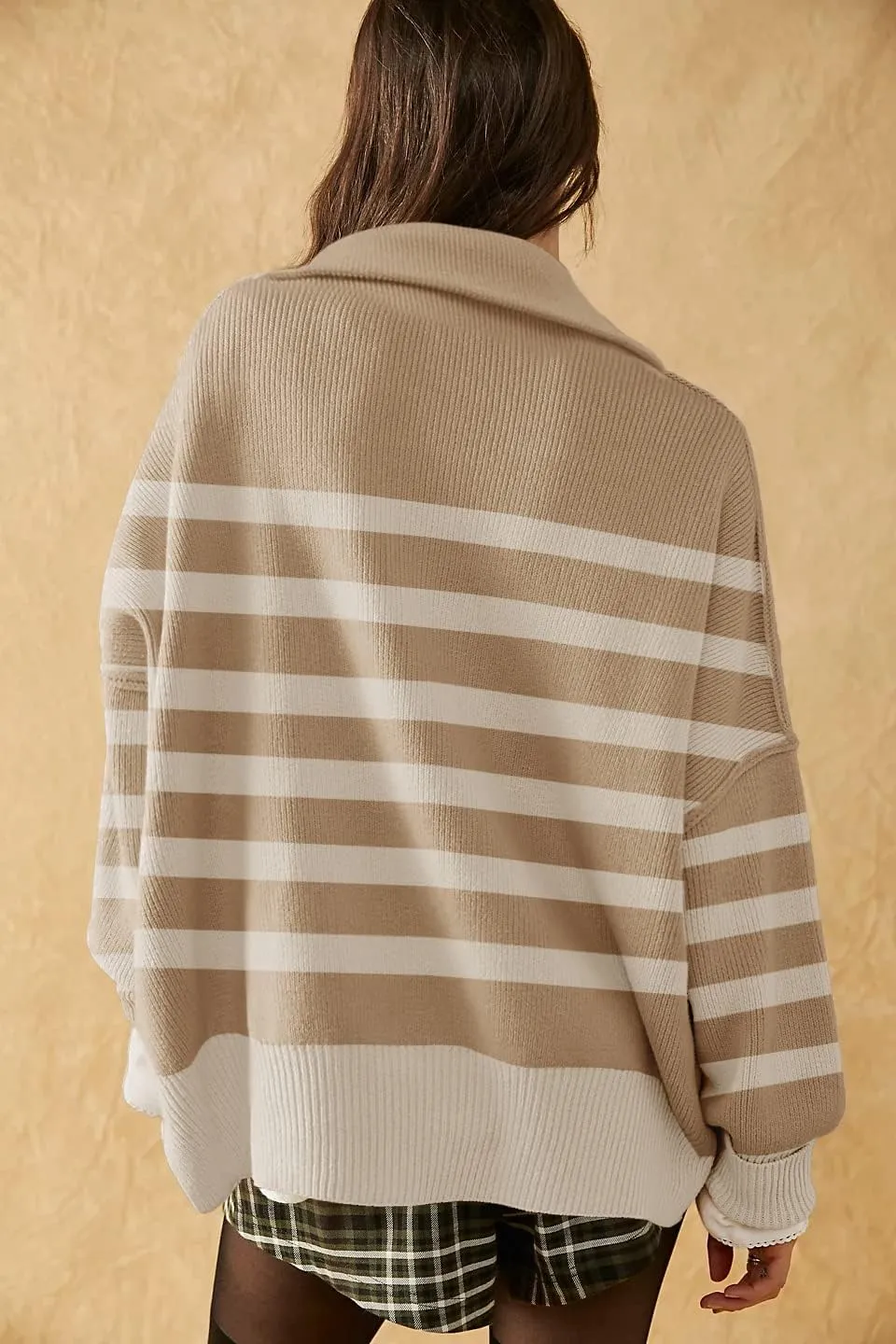 Stay Cozy in Style with Women's Small Size Oversized Tunic Sweater, 1/4 Zip Neck, Striped Side Split in Khaki