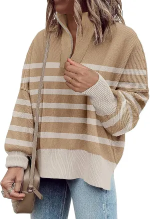 Stay Cozy in Style with Women's Small Size Oversized Tunic Sweater, 1/4 Zip Neck, Striped Side Split in Khaki