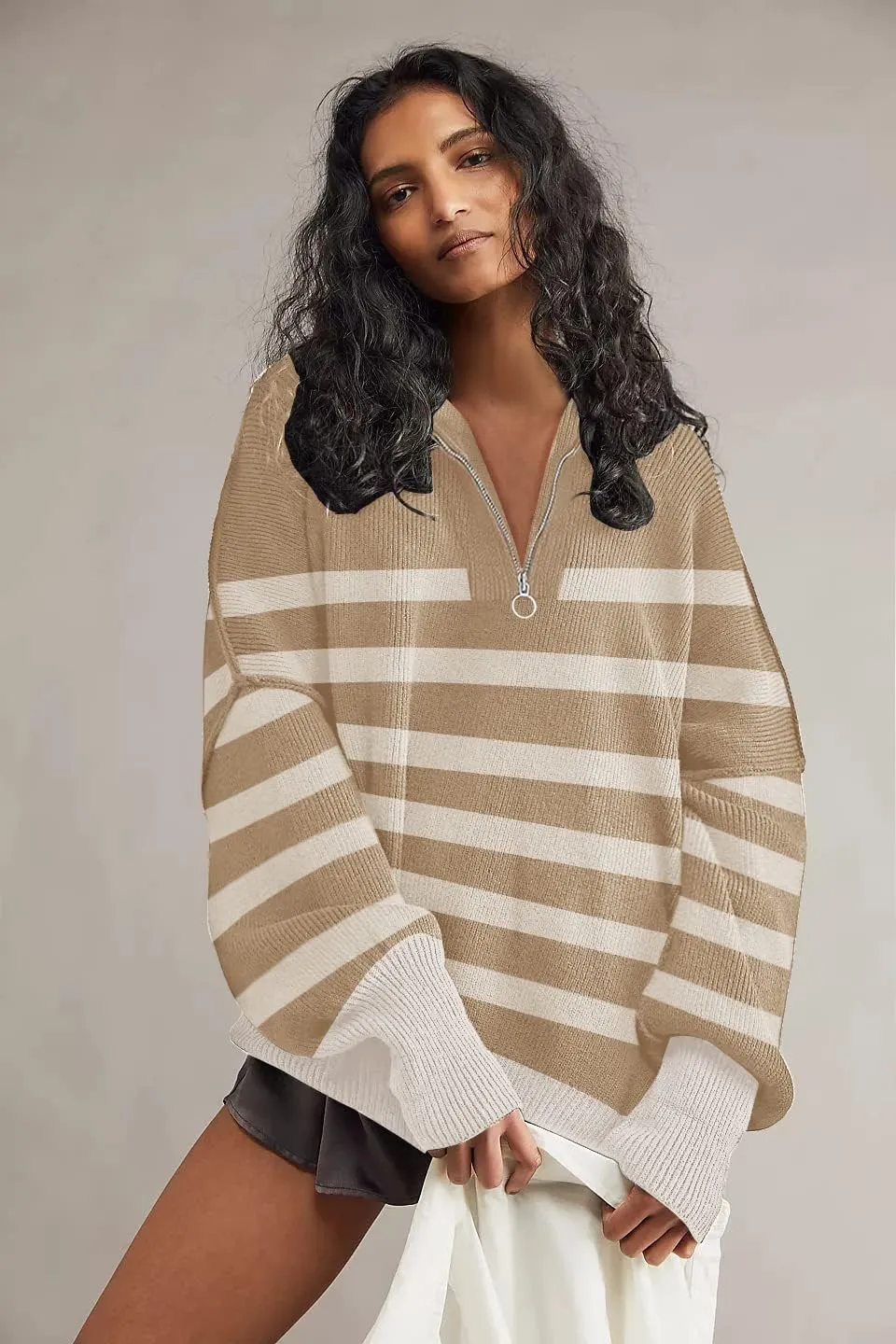 Stay Cozy in Style with Women's Small Size Oversized Tunic Sweater, 1/4 Zip Neck, Striped Side Split in Khaki