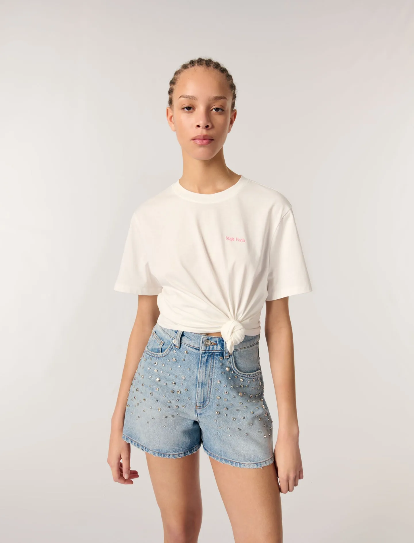 Studded denim shorts