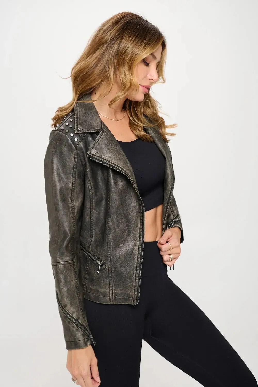 Studded Moto Jacket for Women  Trendy Faux Leather Jackets