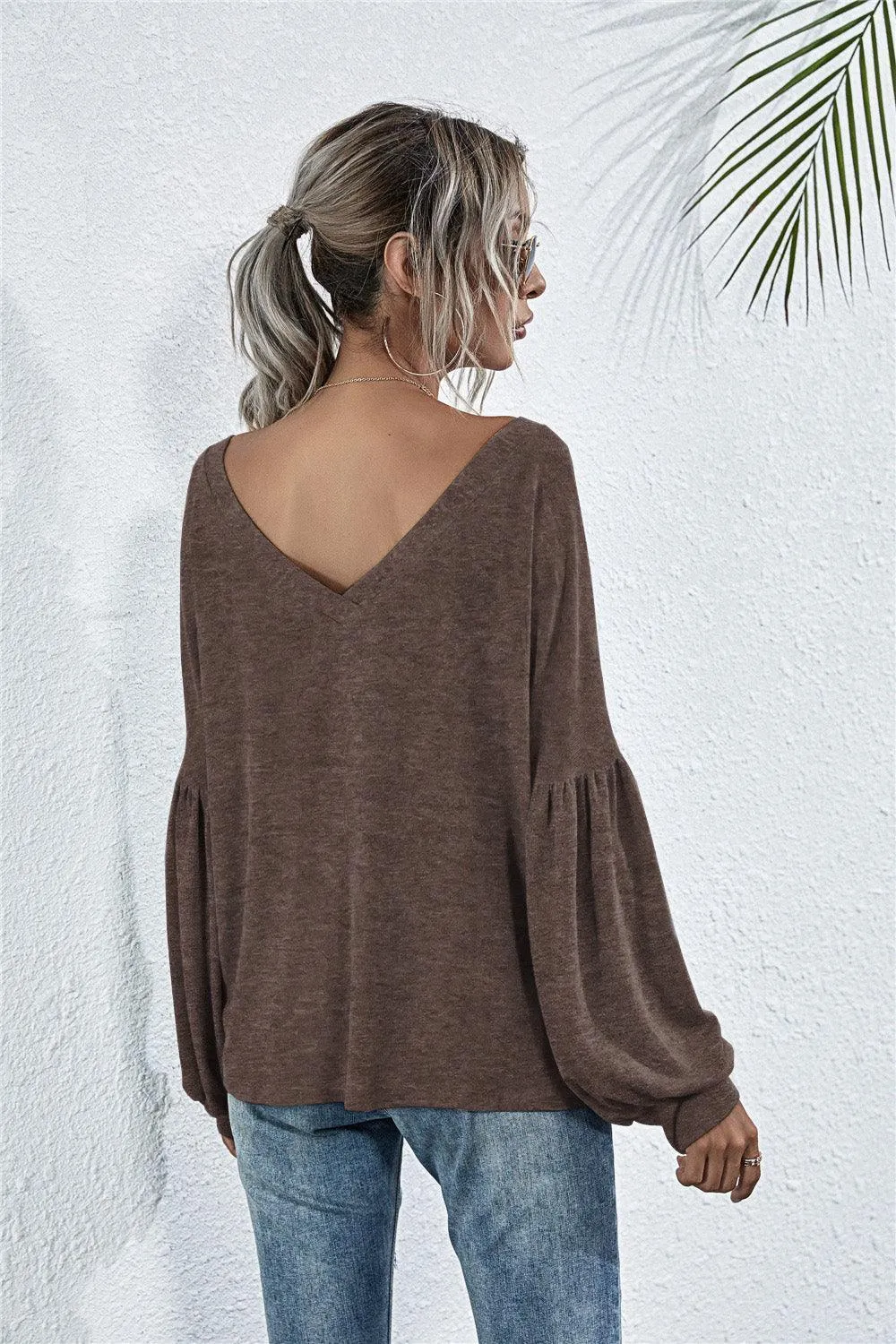 Stylish Comfort Knit V Neck Long Sleeve Top