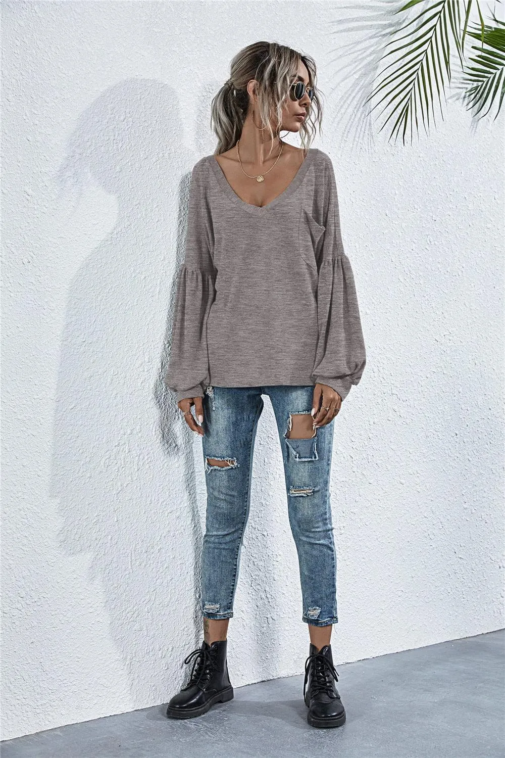 Stylish Comfort Knit V Neck Long Sleeve Top