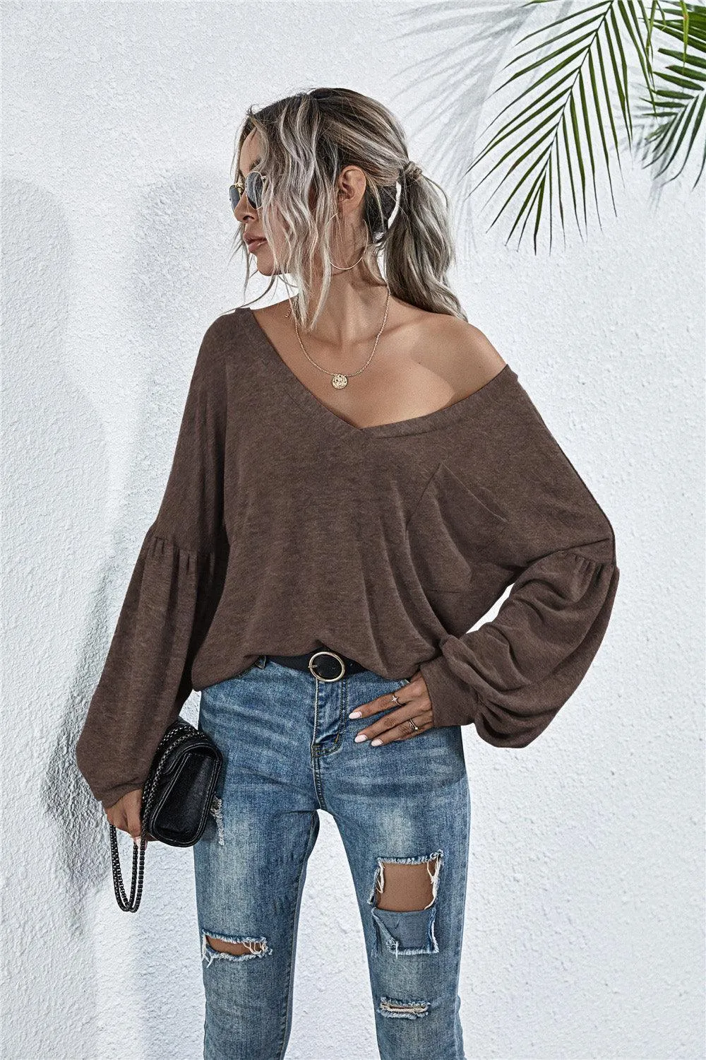 Stylish Comfort Knit V Neck Long Sleeve Top