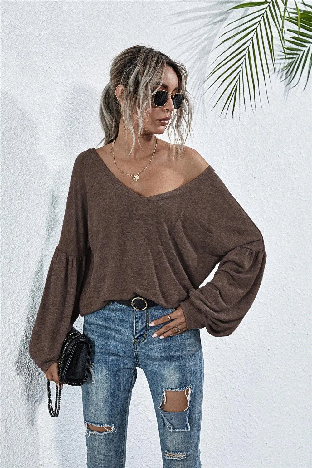 Stylish Comfort Knit V Neck Long Sleeve Top
