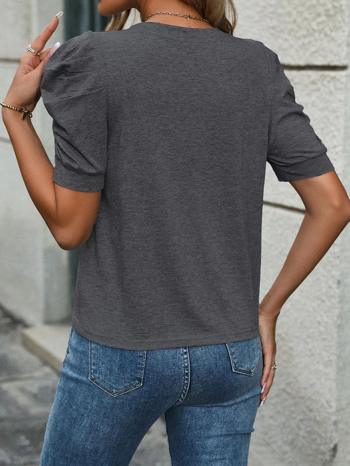 Stylish Everyday Crew Neck Short Puff Sleeve Top