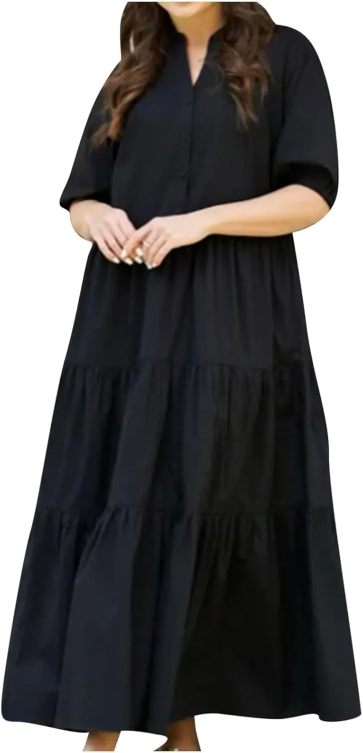 Summer Dress for Women 2024 Casual V Neck Button Shirt Dresses Puff Sleeve Swing Tiered Ruffle Vintage Beach Maxi Dress