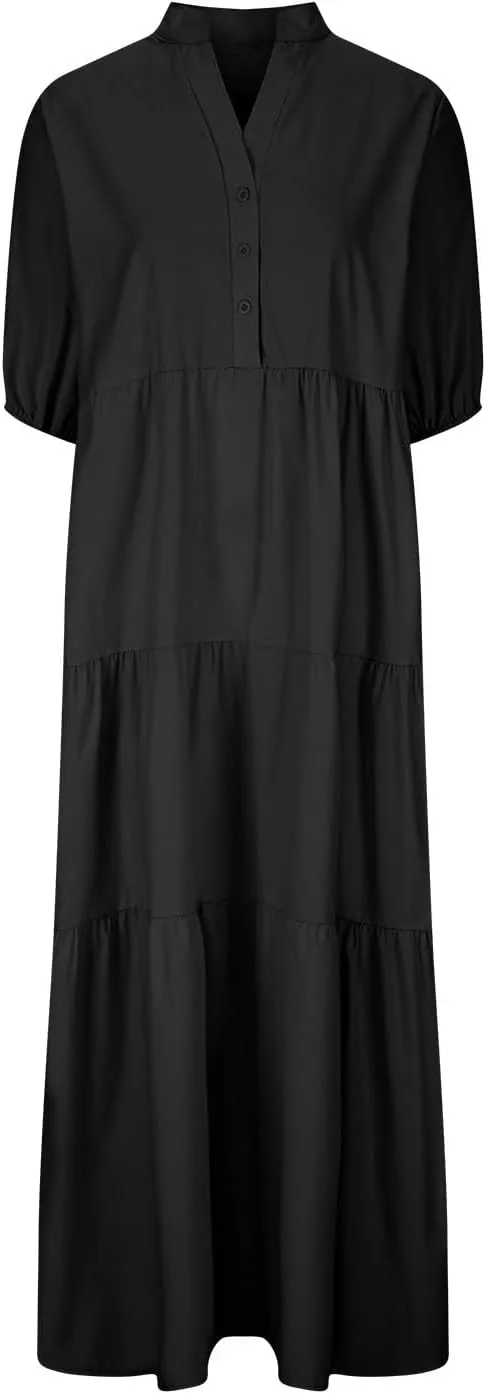 Summer Dress for Women 2024 Casual V Neck Button Shirt Dresses Puff Sleeve Swing Tiered Ruffle Vintage Beach Maxi Dress