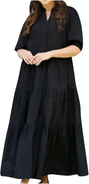 Summer Dress for Women 2024 Casual V Neck Button Shirt Dresses Puff Sleeve Swing Tiered Ruffle Vintage Beach Maxi Dress