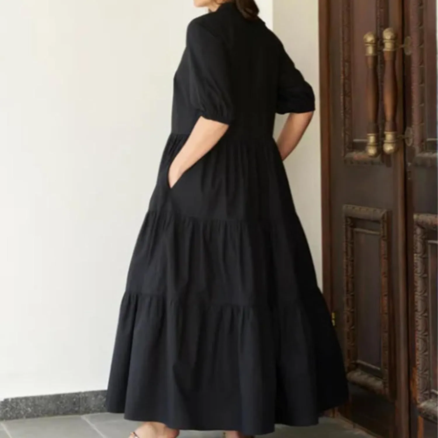 Summer Dress for Women 2024 Casual V Neck Button Shirt Dresses Puff Sleeve Swing Tiered Ruffle Vintage Beach Maxi Dress
