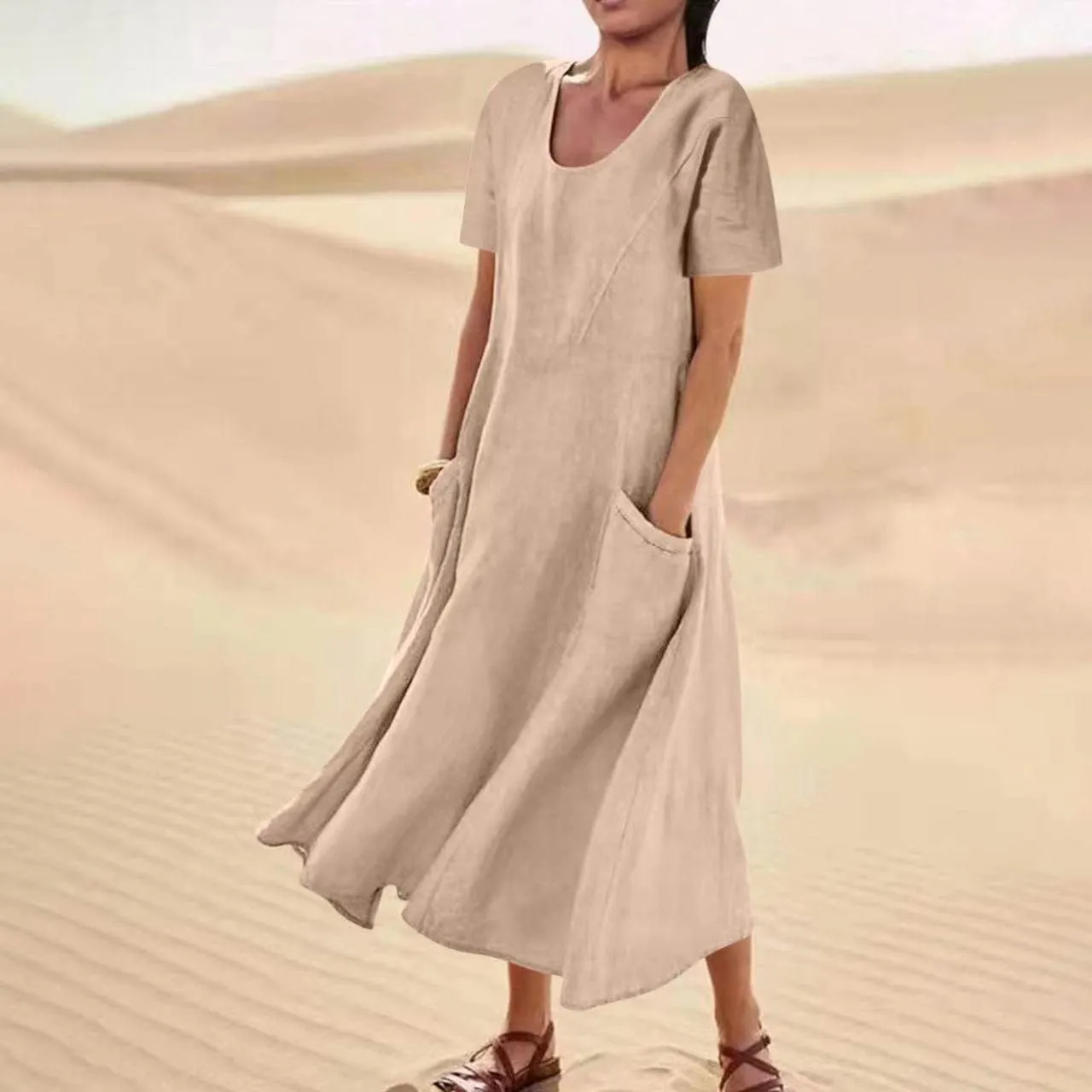 Summer Dresses for Women 2025 Vacation Trendy Short Sleeve Scoop Neck Cotton Linen Dress Loose Flowy Beach Sundress