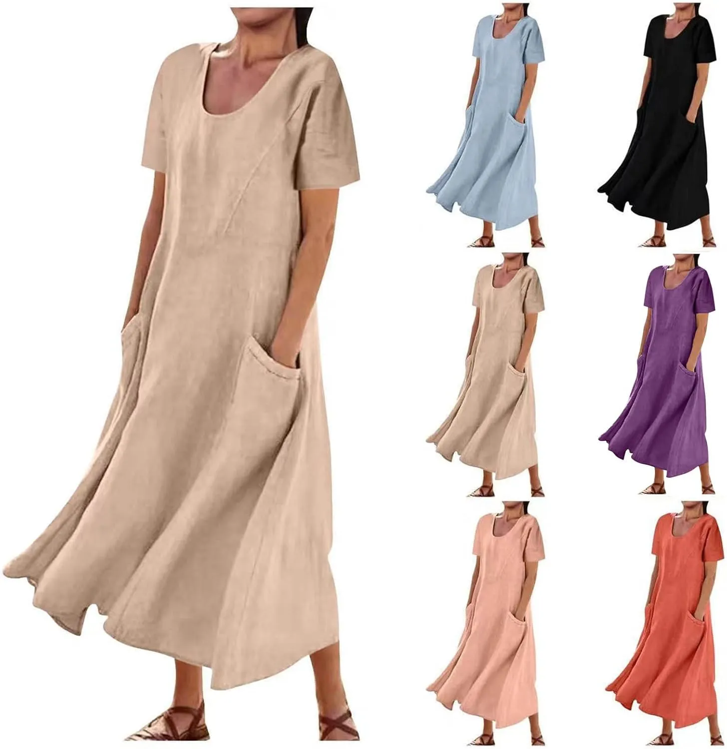 Summer Dresses for Women 2025 Vacation Trendy Short Sleeve Scoop Neck Cotton Linen Dress Loose Flowy Beach Sundress