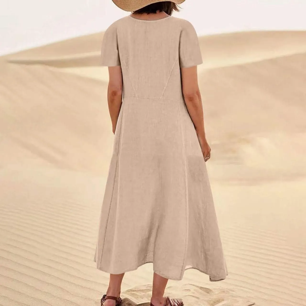 Summer Dresses for Women 2025 Vacation Trendy Short Sleeve Scoop Neck Cotton Linen Dress Loose Flowy Beach Sundress