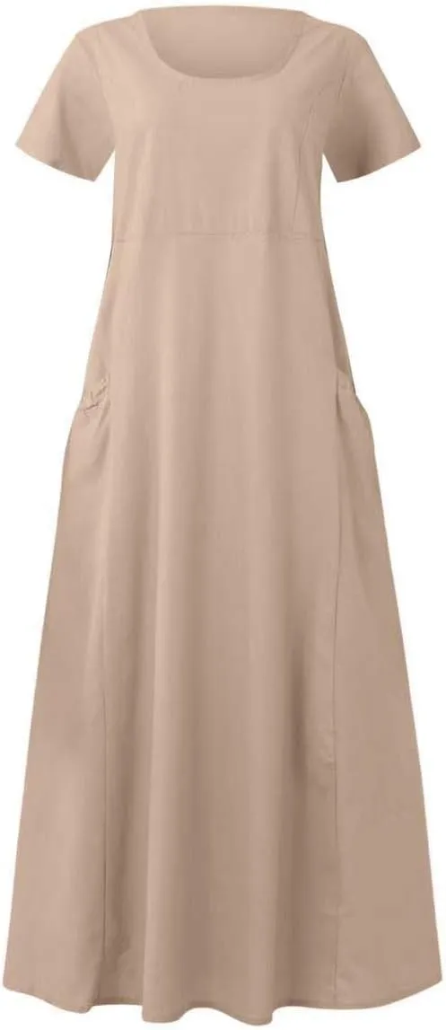 Summer Dresses for Women 2025 Vacation Trendy Short Sleeve Scoop Neck Cotton Linen Dress Loose Flowy Beach Sundress