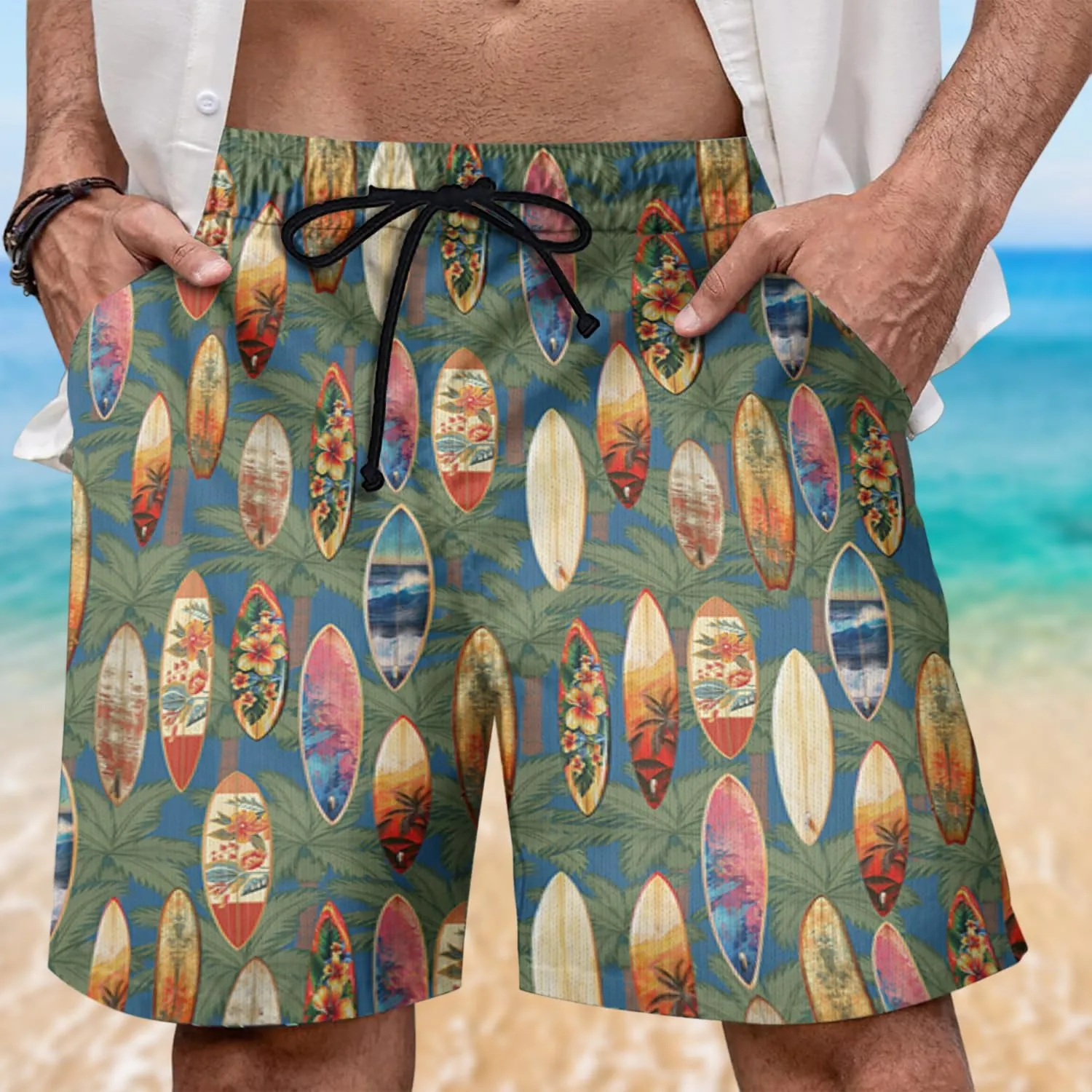 Surf Spot Mens Swim Trunks - Tropical Hawaiian Mens Shorts Casual - Summer Drawstring Beachwear Shorts PA106