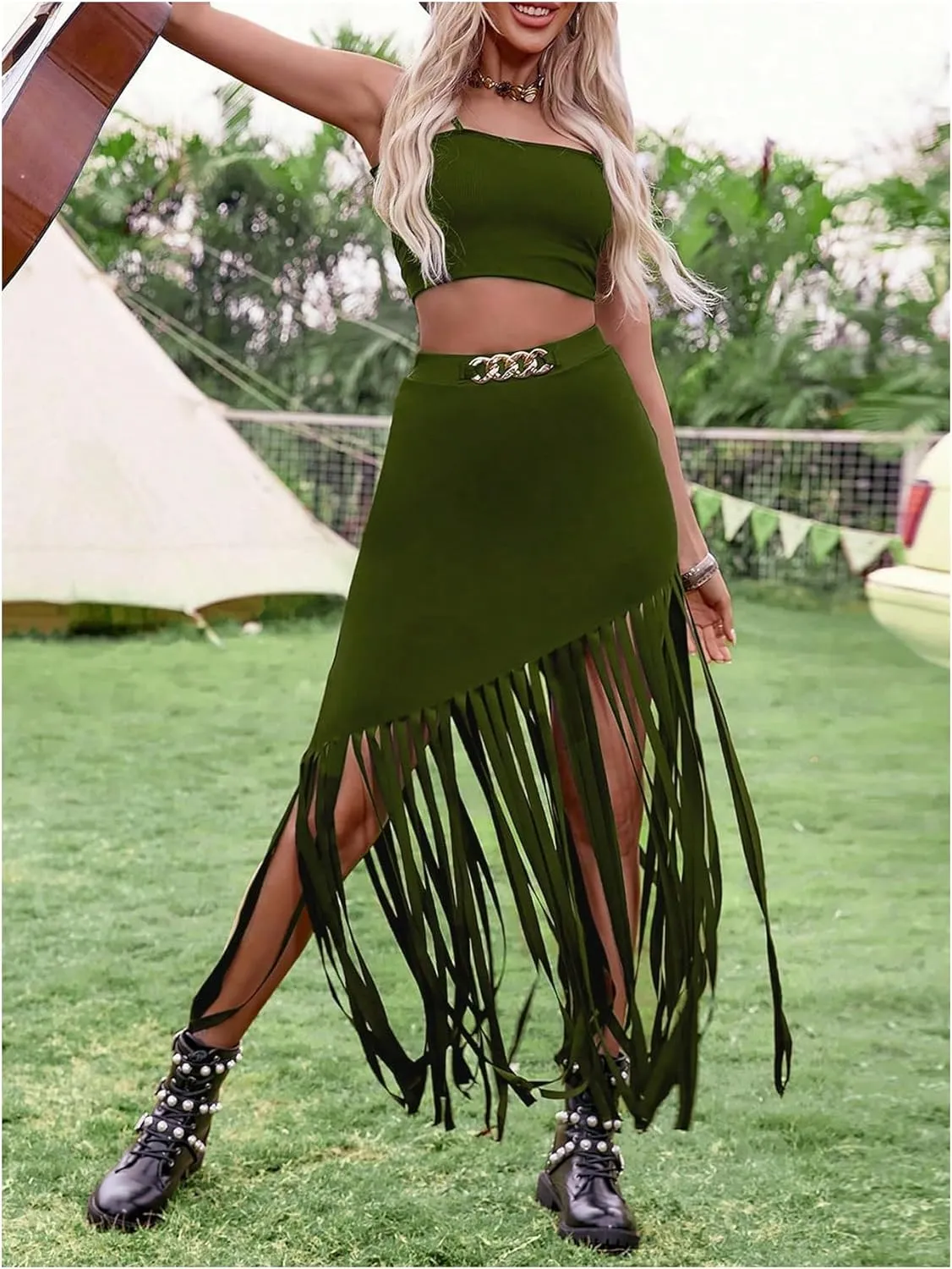 SweatyRocks Women's Asymmetrical Fringe Hem Maxi Skirt High Waist Summer Skirts