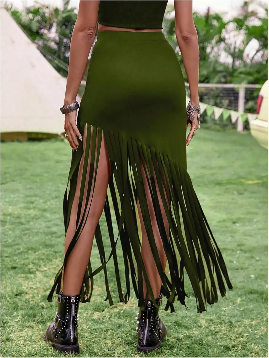 SweatyRocks Women's Asymmetrical Fringe Hem Maxi Skirt High Waist Summer Skirts