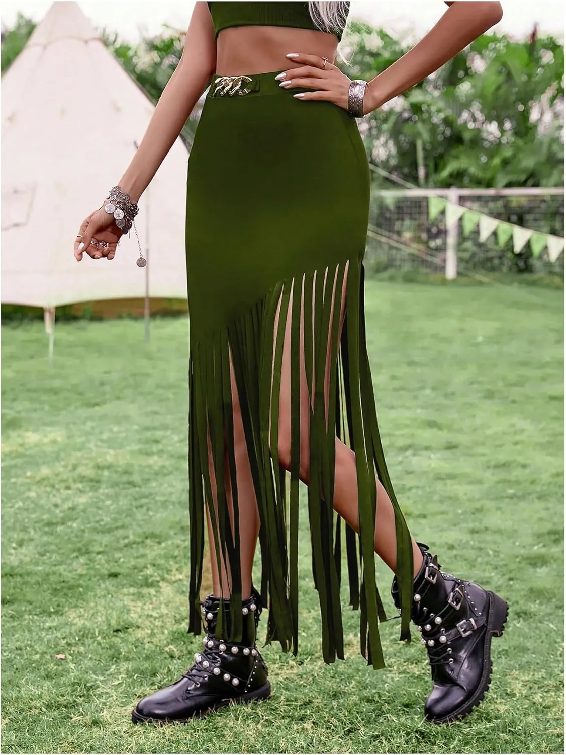 SweatyRocks Women's Asymmetrical Fringe Hem Maxi Skirt High Waist Summer Skirts