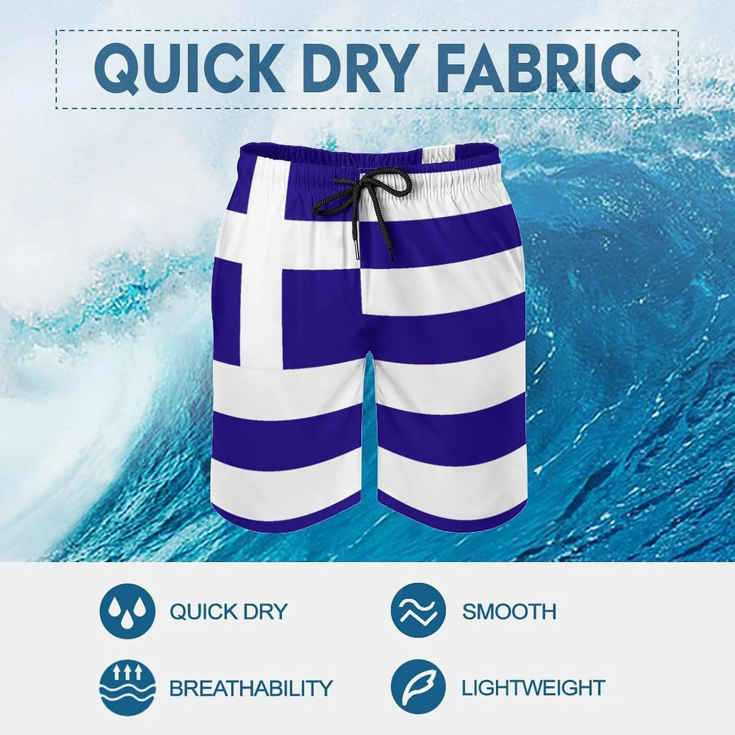 TAIZIYEAH Greece Flag Beach Shorts Casual Men's Swimming Trunks with Pockets Quick-Drying Printed Shorts L