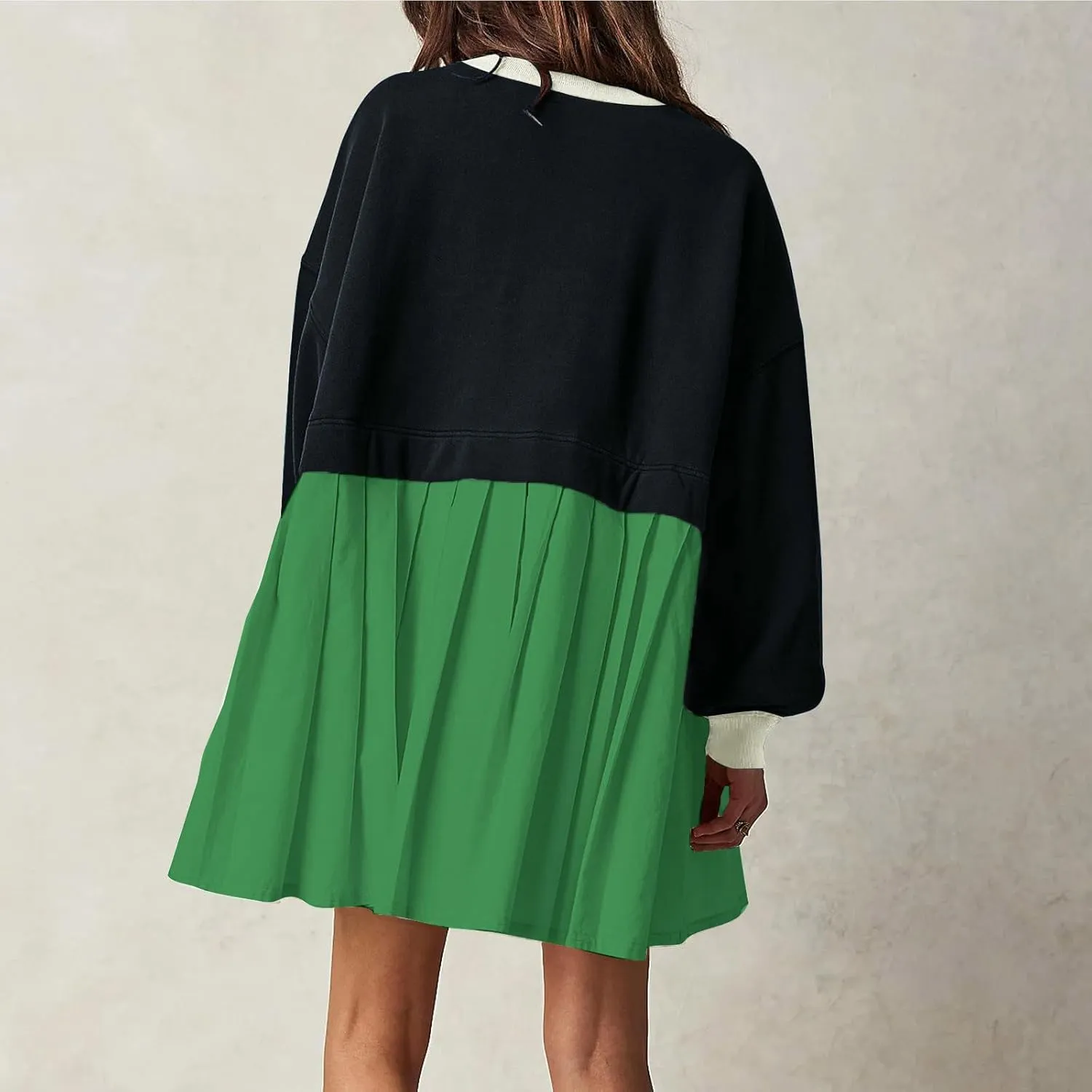 TANGNADE Women Oversized Sweatshirt Dress Long Sleeve Crewneck Patchwork Pleated Pullover Mini Dresses Fall Outfits 2024