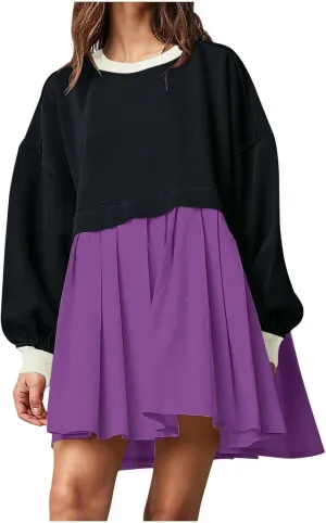 TANGNADE Women Oversized Sweatshirt Dress Long Sleeve Crewneck Patchwork Pleated Pullover Mini Dresses Fall Outfits 2024