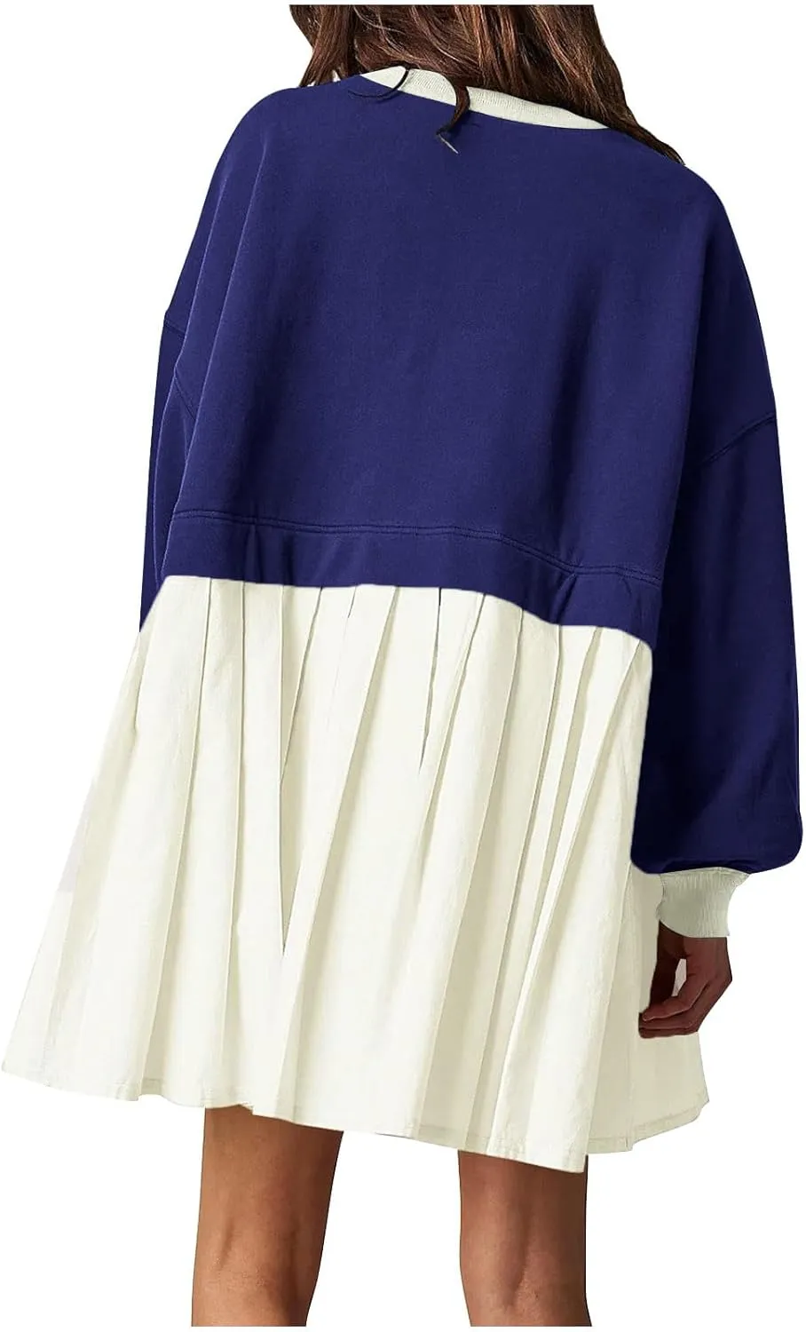 TANGNADE Women Oversized Sweatshirt Dress Long Sleeve Crewneck Patchwork Pleated Pullover Mini Dresses Fall Outfits 2024