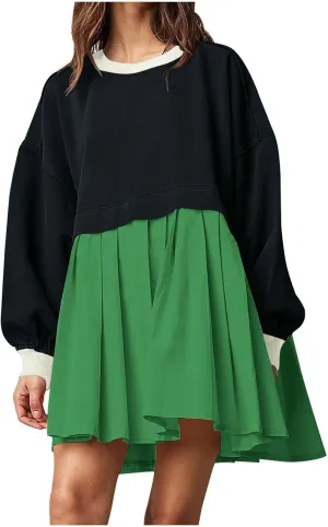TANGNADE Women Oversized Sweatshirt Dress Long Sleeve Crewneck Patchwork Pleated Pullover Mini Dresses Fall Outfits 2024