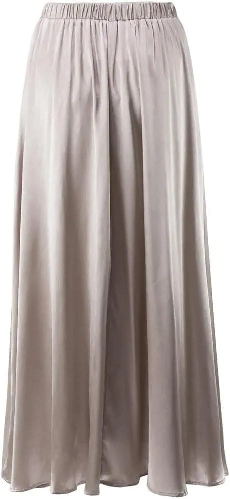 THLAI Women Satin Skirt Midi Skirt High Waist Silky Satin Skirt Elegant Aline Pleated Work Skirt Long Skirt White Satin Skirt