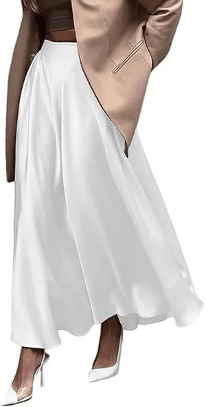THLAI Women Satin Skirt Midi Skirt High Waist Silky Satin Skirt Elegant Aline Pleated Work Skirt Long Skirt White Satin Skirt