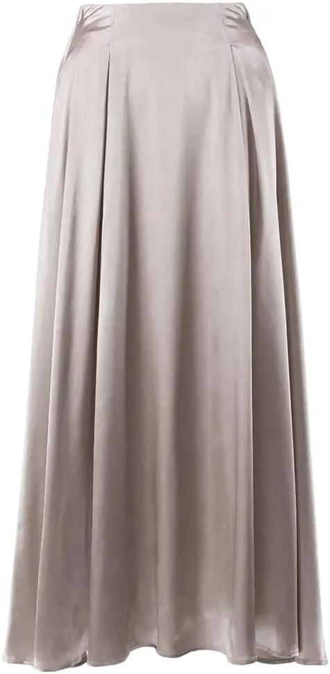 THLAI Women Satin Skirt Midi Skirt High Waist Silky Satin Skirt Elegant Aline Pleated Work Skirt Long Skirt White Satin Skirt