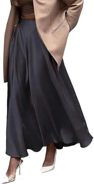 THLAI Women Satin Skirt Midi Skirt High Waist Silky Satin Skirt Elegant Aline Pleated Work Skirt Long Skirt White Satin Skirt
