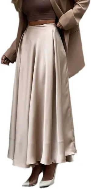 THLAI Women Satin Skirt Midi Skirt High Waist Silky Satin Skirt Elegant Aline Pleated Work Skirt Long Skirt White Satin Skirt