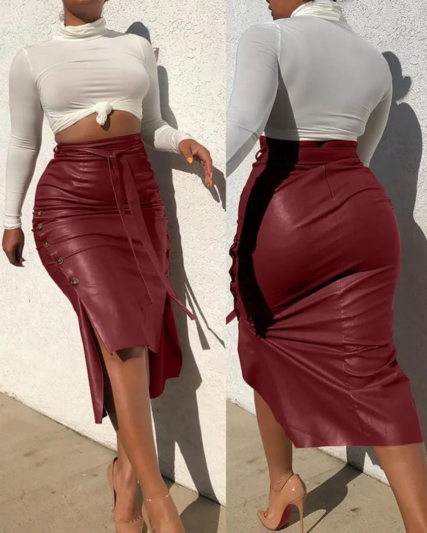 THLAI Womens Belted Leather Pencil Skirt Side Button Split Faux PU Leather Work Midi Wrap High Waisted Skirt